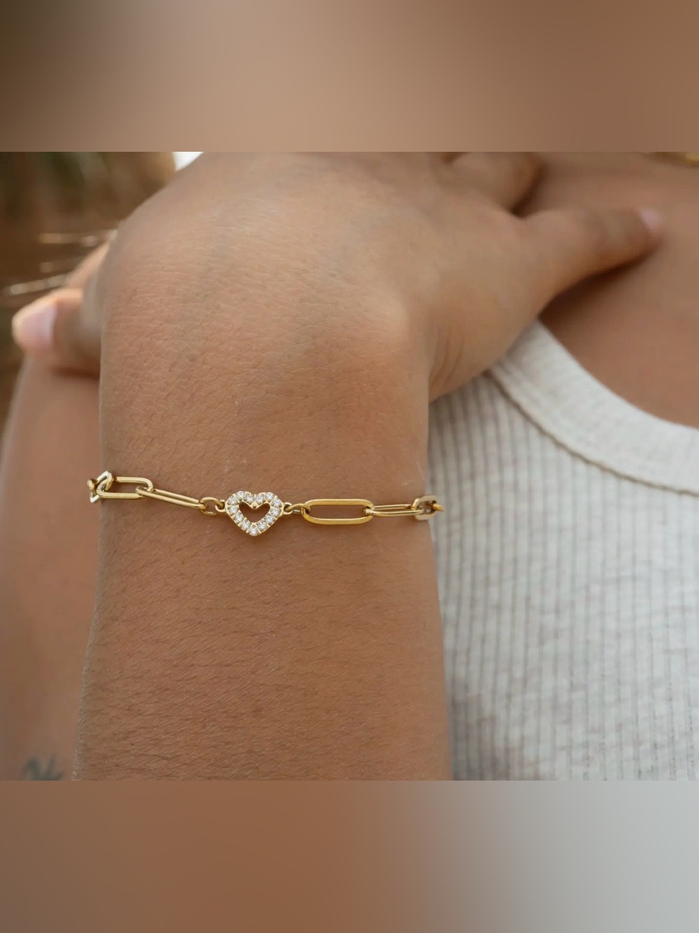 Gold Heart Link Bracelet with Crystals - 14K Finish